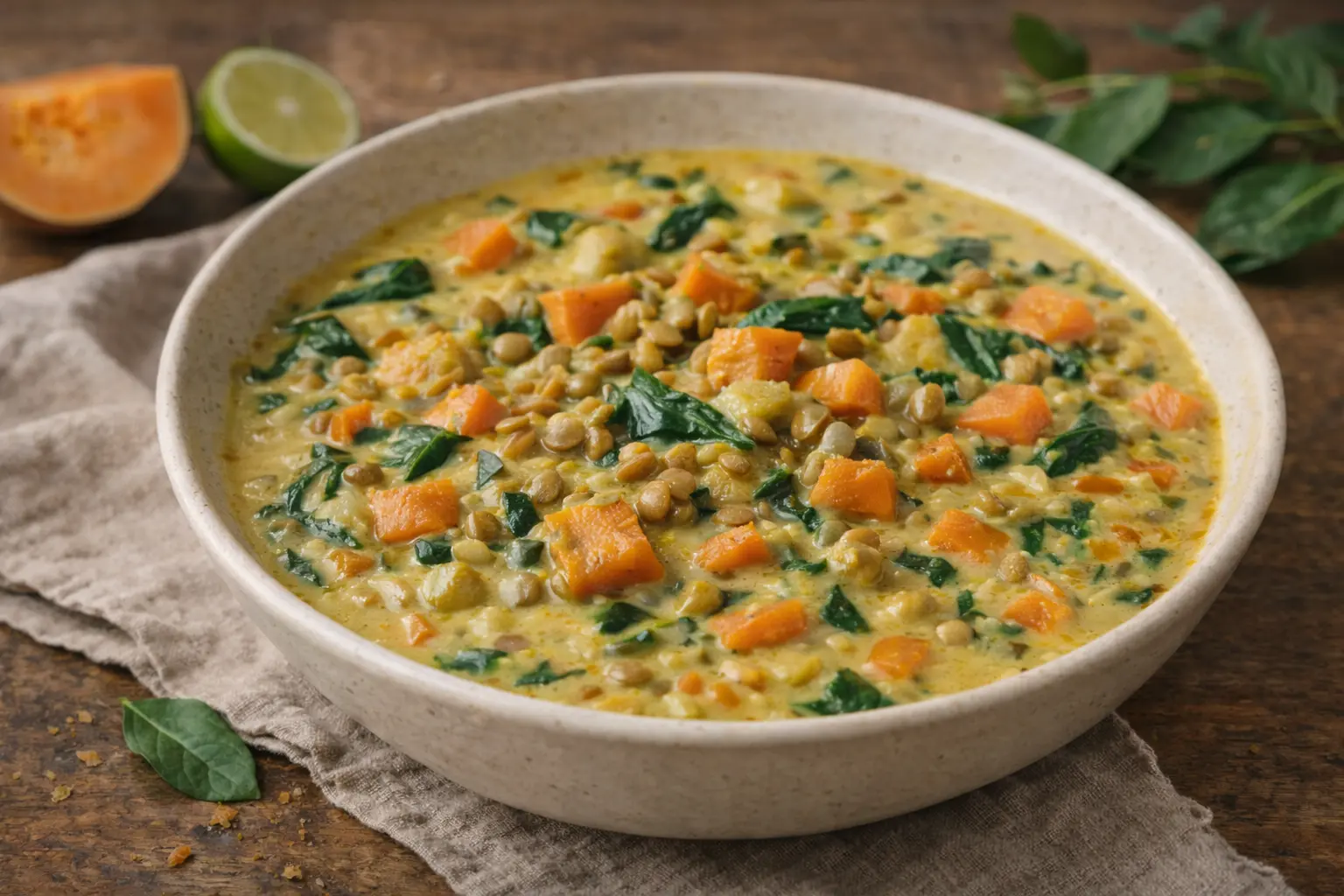 Lentejas con hortalizas y leche de coco