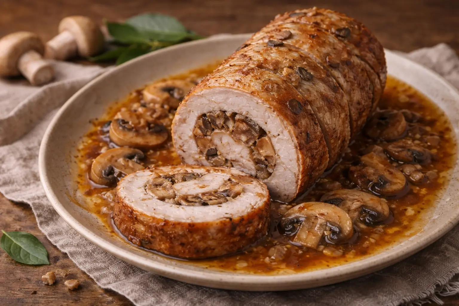 Rollo de lomo de cerdo relleno con champiñones